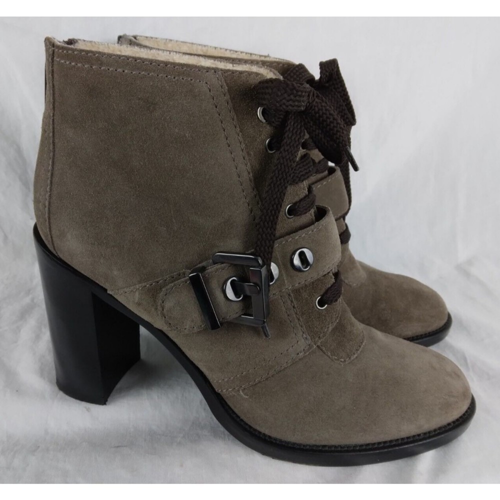 AQUATALIA Grayish Brown Leather Heeled Ankle Boot Lace Up Buckle Womens Size 8.5 - Picture 1 of 9